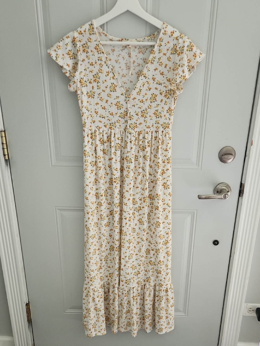 See You Monday Anthropologie long white and yellow floral dress